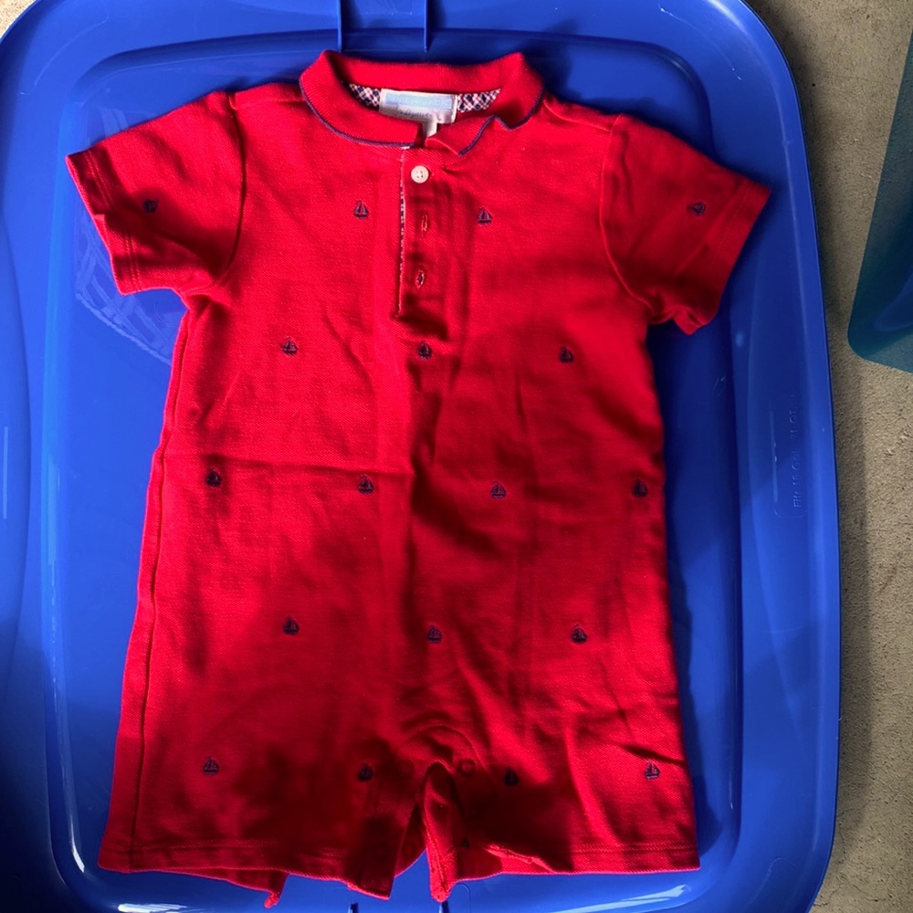 Jamie and Jack one piece shorts set red with sail boats all over!